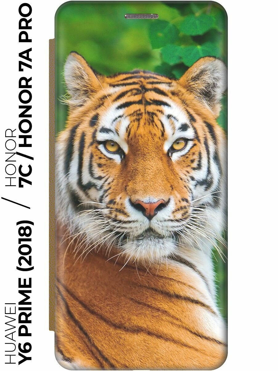 Чехол-книжка Портрет тигра на Honor 7C / 7A Pro / Huawei Y6 Prime (2018) / Хуавей У6 Прайм 2018 / Хонор 7А Про / 7С золотой
