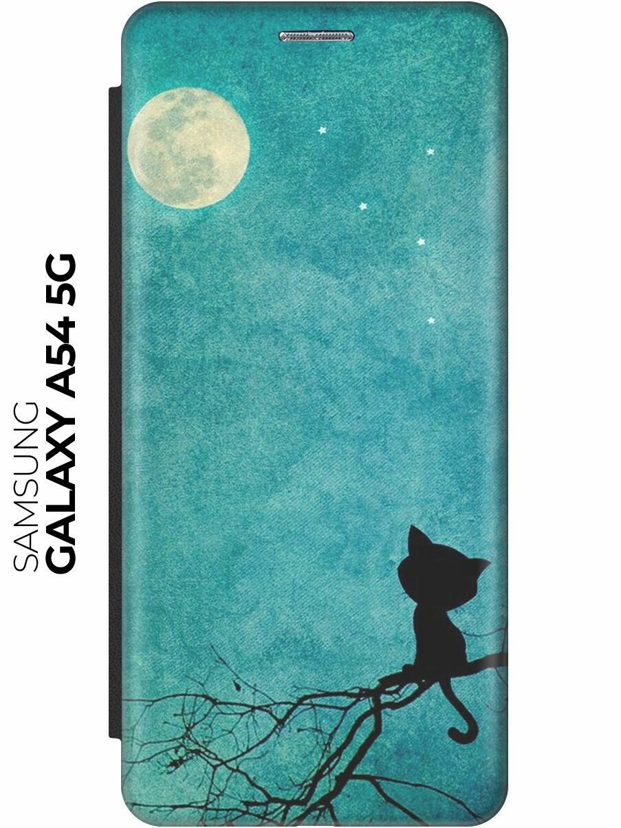 Чехол-книжка Котенок и луна на Samsung Galaxy A54 5G / Самсунг А54 черный