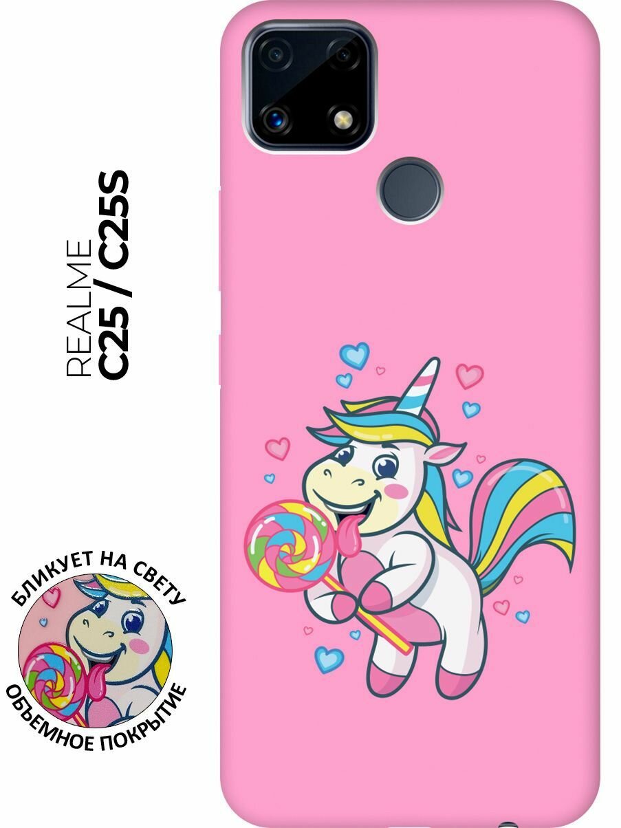 Матовый чехол Unicorn and candy для Realme C25 / C25S / Рилми С25 / С25с с 3D эффектом розовый