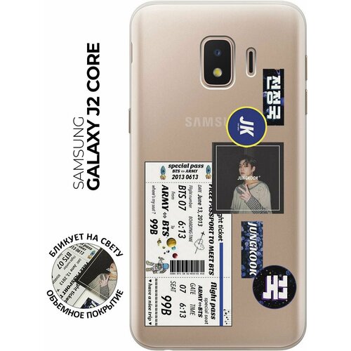 чехол книжка на samsung galaxy j2 core самсунг джей 2 кор c принтом крик золотистый Силиконовый чехол с принтом BTS Stickers для Samsung Galaxy J2 Core / Самсунг Джей 2 Кор