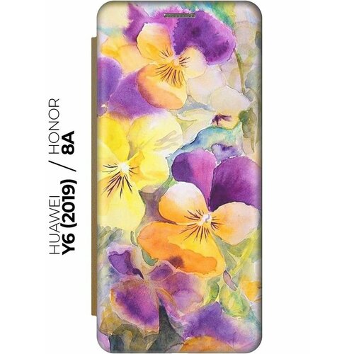 Чехол-книжка Сиреневые и желтые цветы на Honor 8A / 8A Pro / Huawei Y6 (2019) / Y6 Prime (2019) / Хонор 8а / 8а Про / Хуавей У6 Прайм 2019 золотой