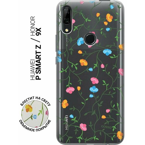 Ультратонкий силиконовый чехол-накладка Transparent для Huawei P Smart Z, Honor 9X с 3D принтом Сurly Flowers ультратонкий силиконовый чехол накладка transparent для huawei p smart z honor 9x с 3d принтом cats in love