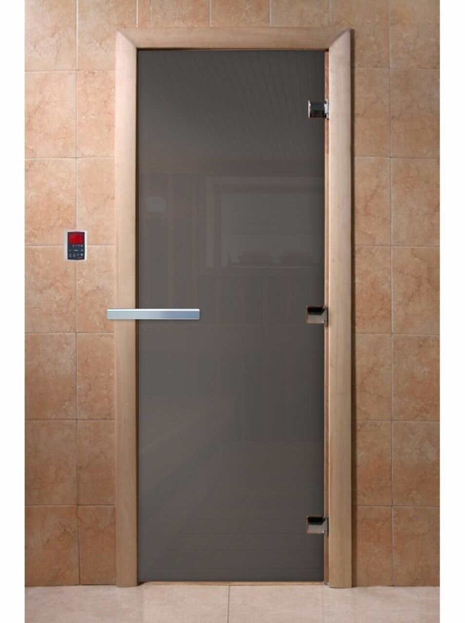 Дверь стеклянная для бани и сауны DW, Графит (коробка: осина/ольха 1900х700мм)