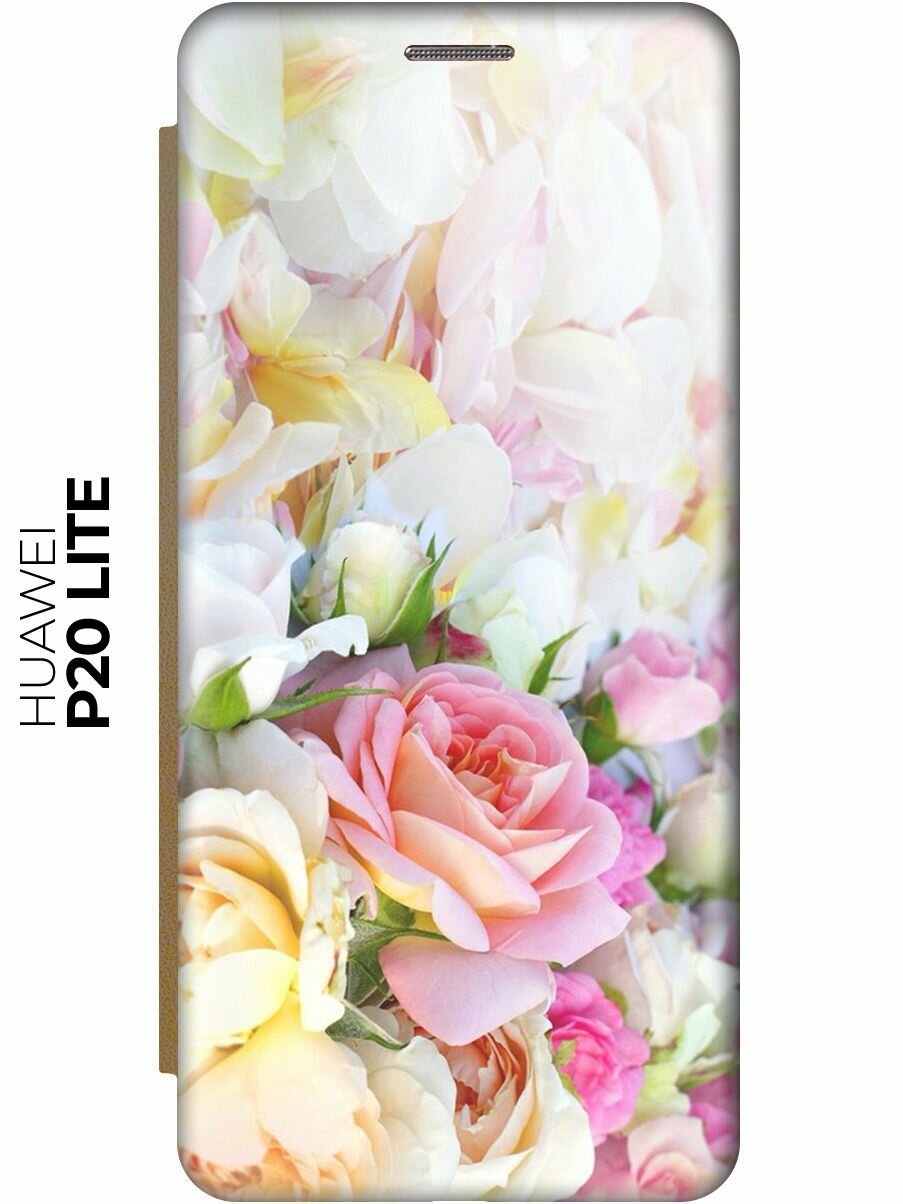 Чехол-книжка Нежные розы на Huawei P20 Lite / Nova 3e / Хуавей П20 Лайт / Нова 3Е золотой