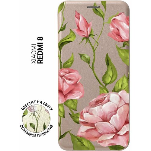 Чехол-книжка на Xiaomi Redmi 8, Сяоми Редми 8 с 3D принтом Amazing Roses золотистый чехол книжка на xiaomi redmi 8 сяоми редми 8 с 3d принтом amazing peonies золотистый