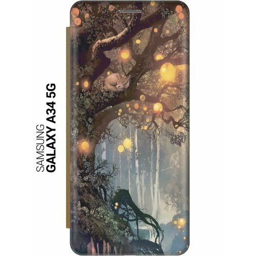 Чехол-книжка на Samsung Galaxy A34 5G, Самсунг А34 c принтом Лиса на древе золотистый чехол книжка на samsung galaxy a13 5g самсунг а13 c принтом лиса на древе золотистый