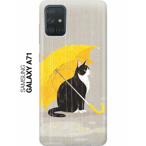 ультратонкий силиконовый чехол накладка для samsung galaxy a02 с принтом кот с желтым зонтом Ультратонкий силиконовый чехол-накладка для Samsung Galaxy A71 с принтом Кот с желтым зонтом