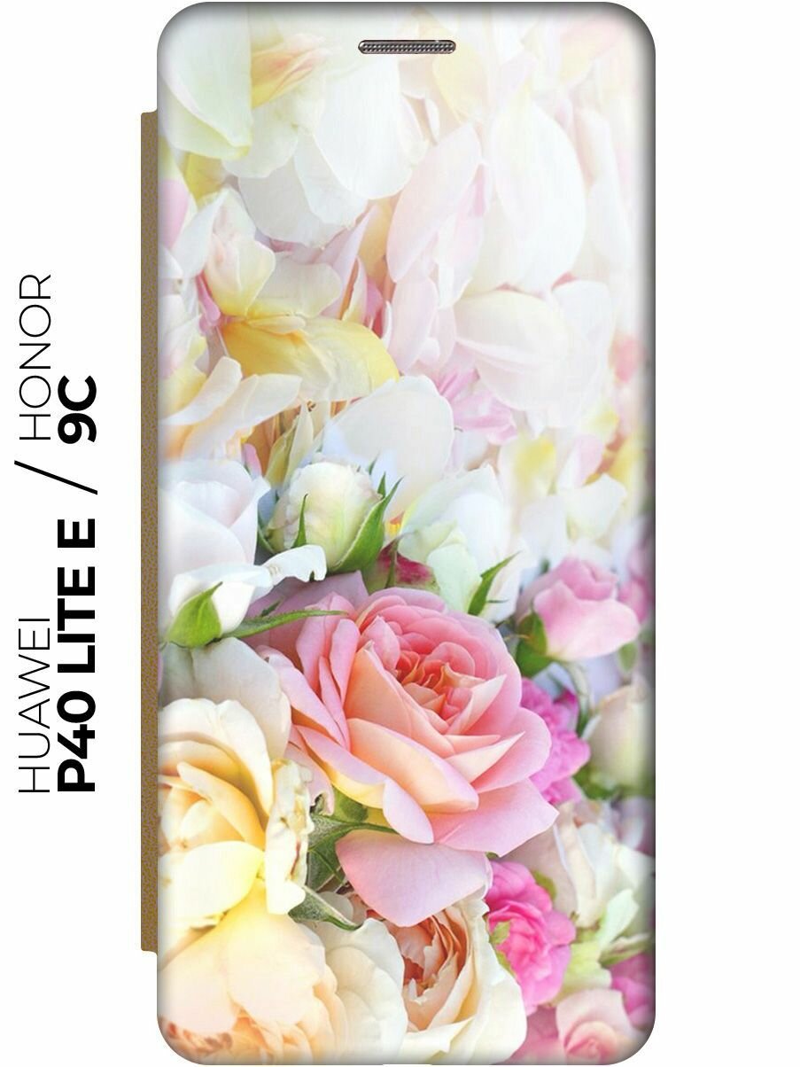 Чехол-книжка Нежные розы на Honor 9C / Huawei P40 Lite E / Хуавей П40 Лайт Е / Хонор 9С золотой