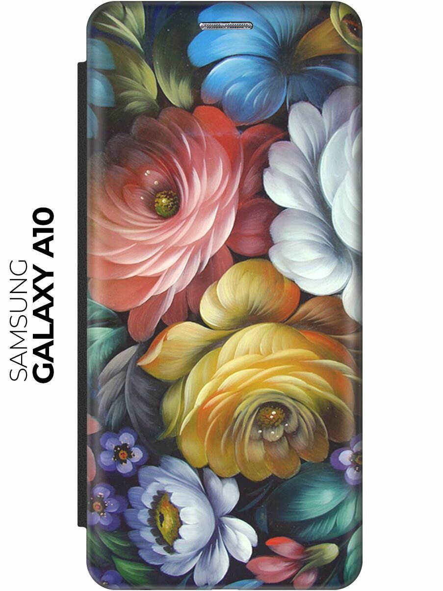 Чехол-книжка Цветочная роспись на Samsung Galaxy A10 / Самсунг А10 черный