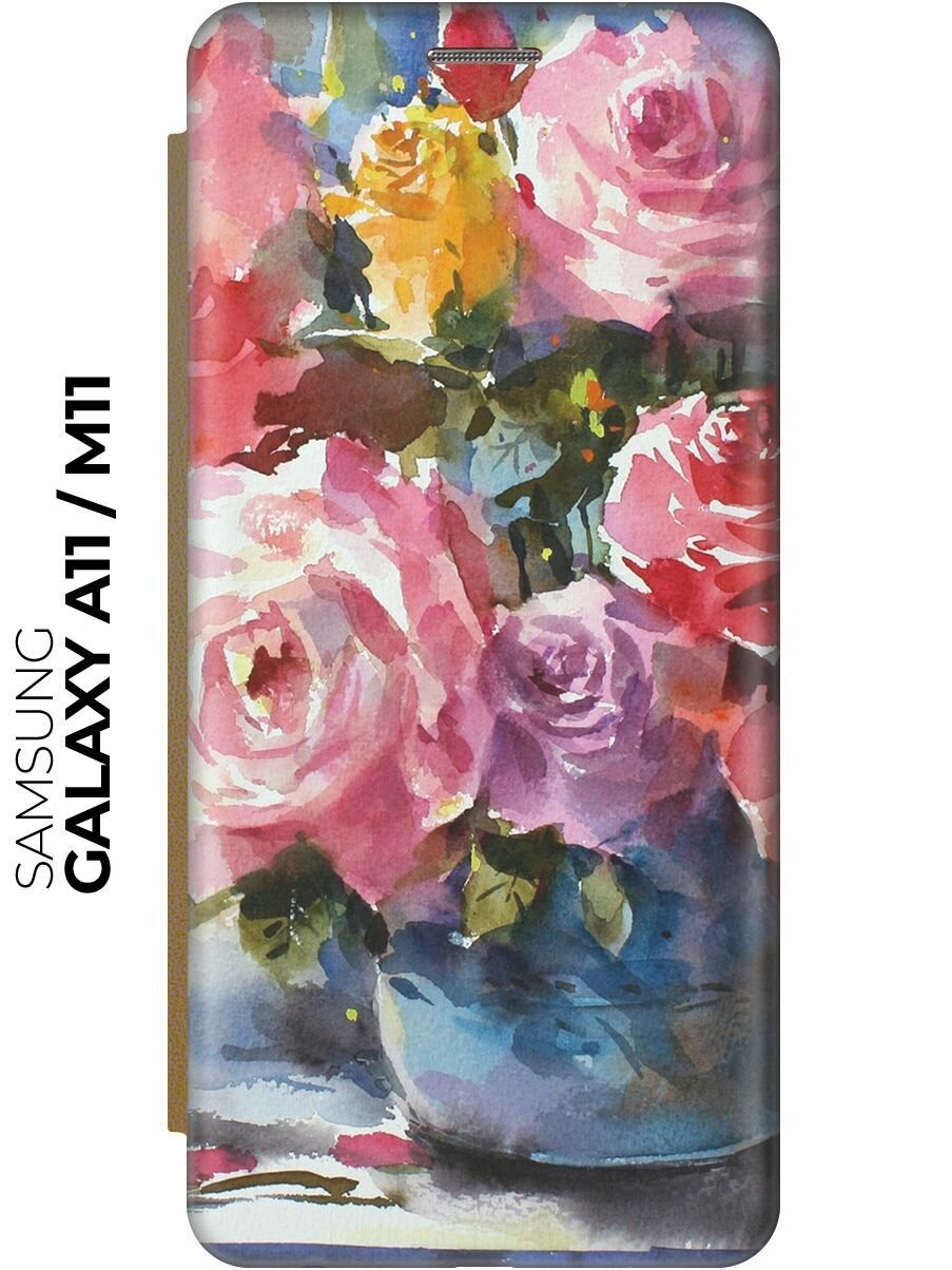 Чехол-книжка Акварельный букет цветов на Samsung Galaxy A11 / M11 / Самсунг А11 / М11 золотой