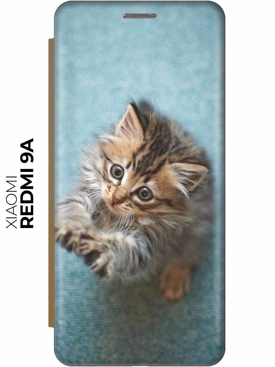 Чехол-книжка Котёнок на голубом на Xiaomi Redmi 9A / Сяоми Редми 9А золотой