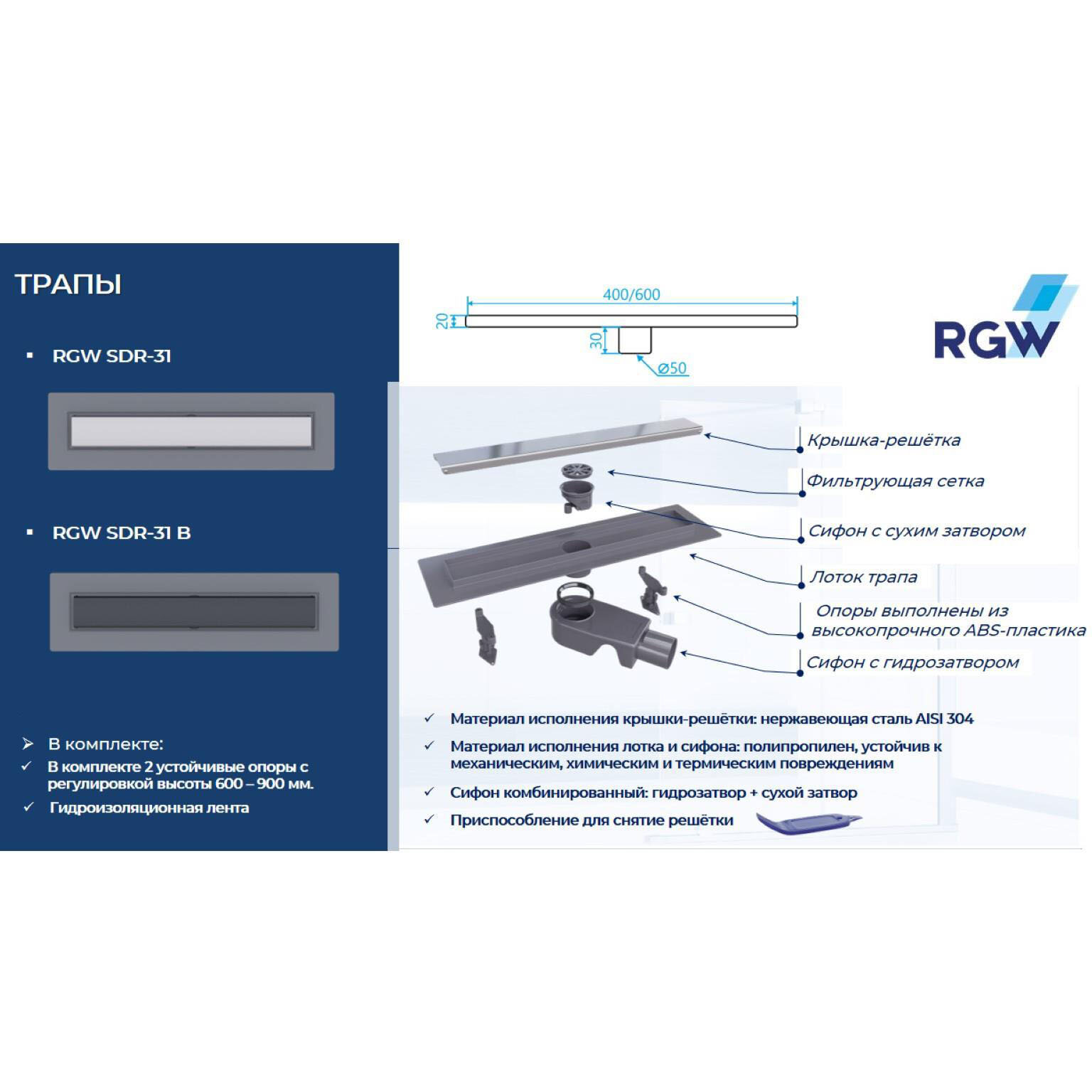 Душевой трап прямоугольный RGW SDR-31 600 хром 47213160-01 - фотография № 3