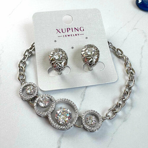 фото Комплект бижутерии xuping jewelry комплект украшений «романтические кольца»: браслет и серьги: браслет, серьги, фианит, циркон, размер браслета 18 см, серебряный
