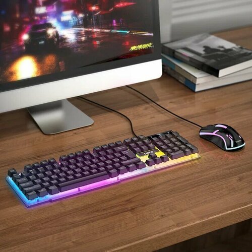 Проводная клавиатура игровая мембранная с RGB подсветкой + мышка в комплекте для компьютера