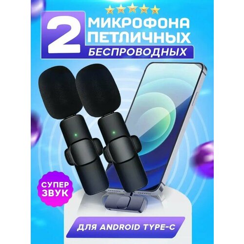 2 Микрофона петличный беспроводной USB Type-c для телефона, петличка на одежду для записи звука, стрима блогеров, с ветрозащитой, портативный черный, белый, серебристый, бесцветный, серый