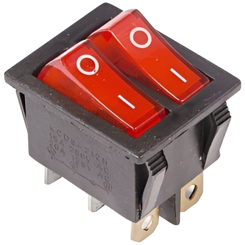 фото Двойной выключатель клавишный Rexant ON-OFF красный с подсветкой (250В 15А (6с)) {36-2410}