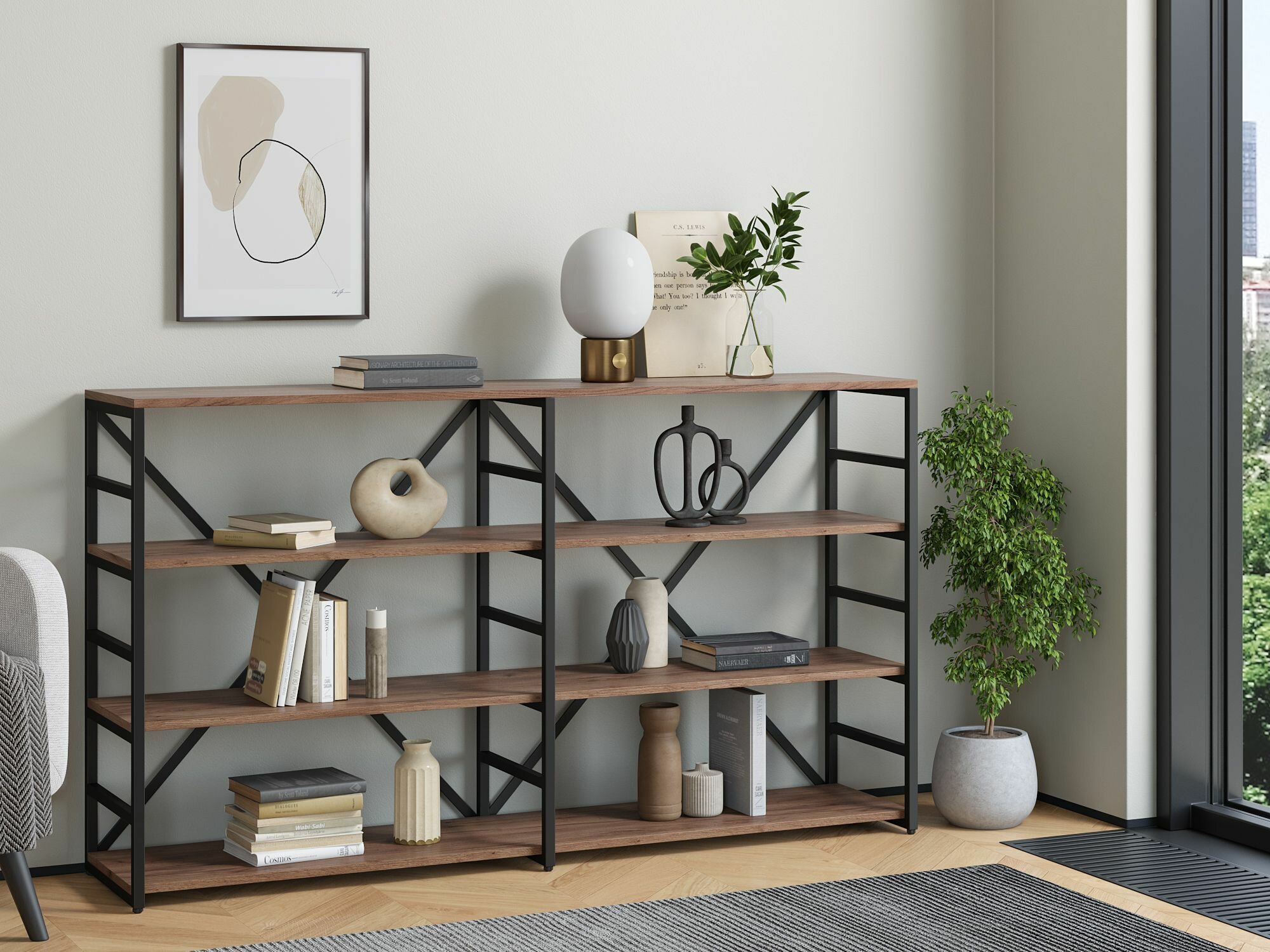 Стеллаж Айсберг Лофт 160/4-2 Черный с полками дуб крафт табак