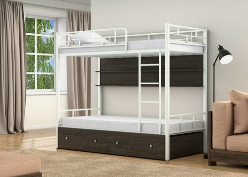 Изображение товара Двухъярусная кровать "Валенсия" Белая с ящиками и полками Венге