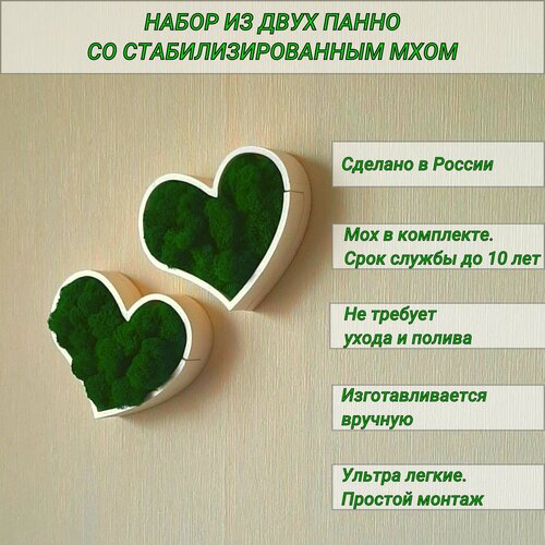 Декор для дома на стену , Панно со стабилизированным мхом , Сердечки 15 см