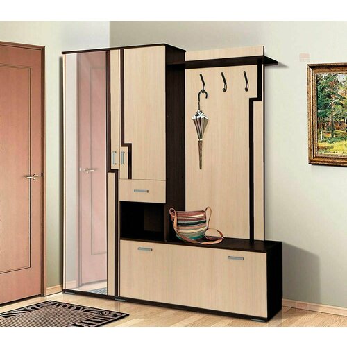 Прихожая комплект САША-6 (левая) от Фант-Мебель, с зеркалом, с обувницей, шкафом и ящиками, 156x203,6x43 см. Венге/Млечный дуб