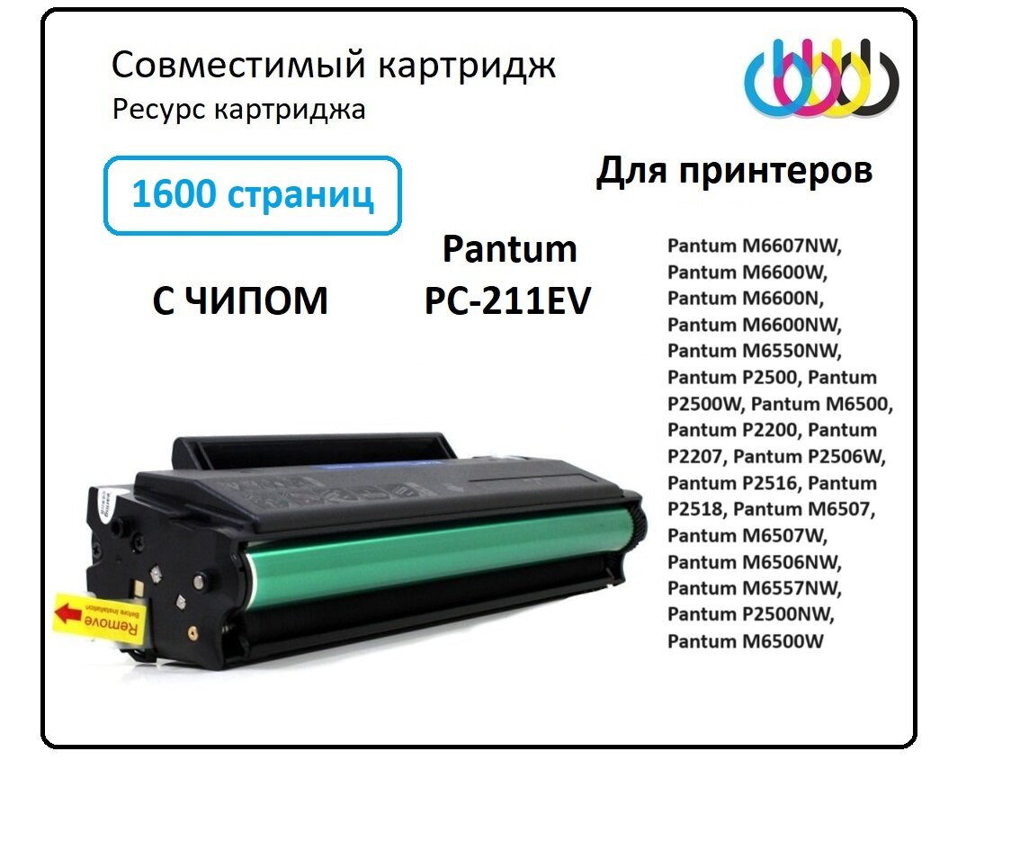 Картридж PC-211EV подходит для принтеров Pantum P2200, P2500, P2500W, M6500, M6500W, M6550NW, M6600W, M6600N, M6600NW, M6607NW, совместимый