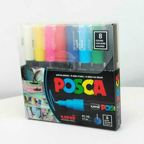 Маркеры UNI Posca 1M набор из 8 стандартных цветов толщина 0.7мм
