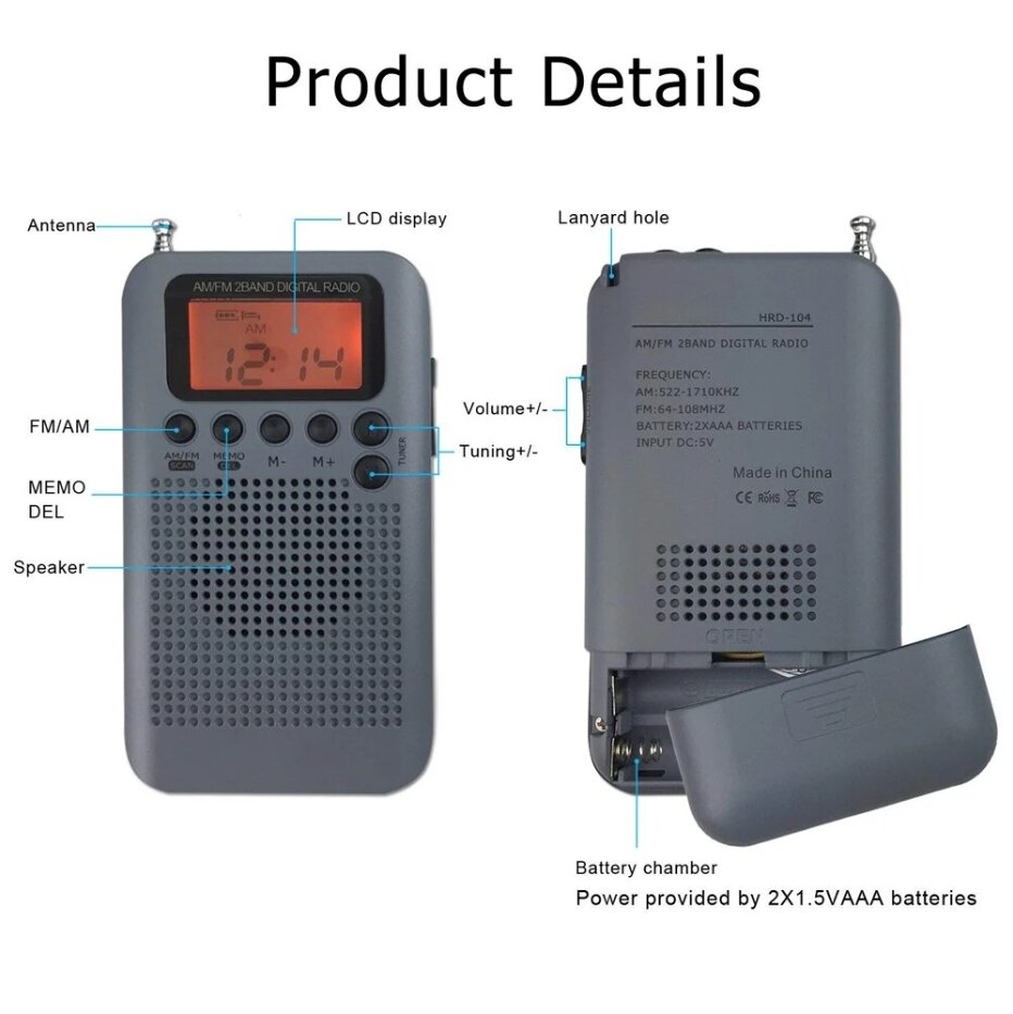 Карманный Цифровой DSP Радиоприемник HanRongDa HRD-104 Grey/ Питание от Батареек / Расширенный УКВ Диапазон 64-108 MHz — фото 2