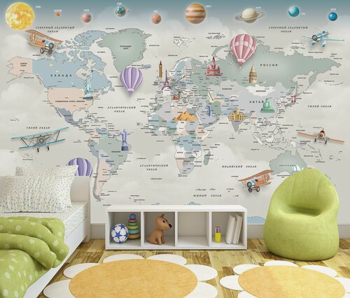 Изображение товара Фотообои флизелиновые 300х200см. на стену. Серия MAPS ARTDELUXE. 3д детская карта мира и планеты. Обои дизайнерские, эксклюзивные для детской комнаты.