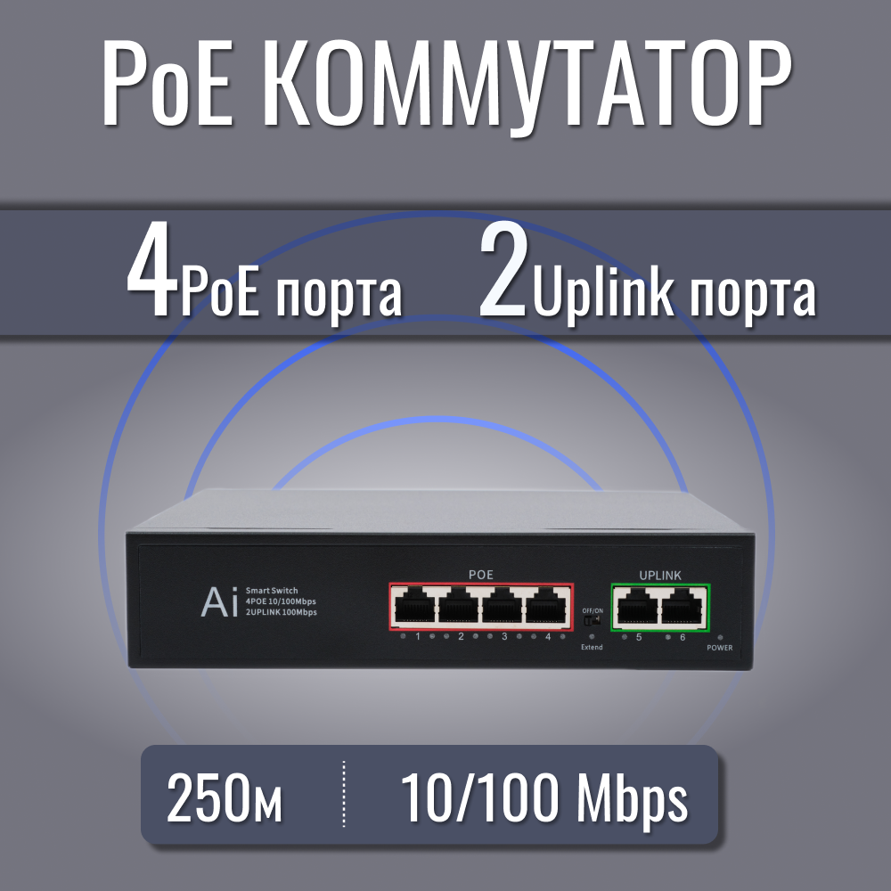 Коммутатор (свитч) PoE 4 порта+2 LAN для IP видеонаблюдения