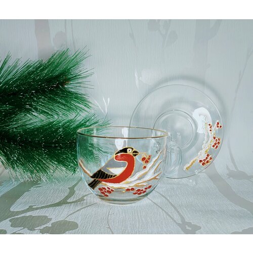 Кружка большая авторская с блюдцем с витражной росписью 