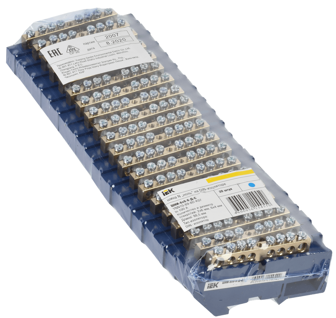 Шина нулевая IEK ШНИ-6x9-8Д-С, 100А, 400В, 8 контактов, IP20, латунь, синий, для DIN-рейки — фото 1