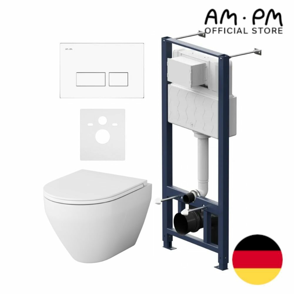 фото Инсталляция с подвесным унитазом AM.PM Jump, пневм. кнопка Jump Pro S белая, безободковый, сиденье микролифт, шумоизоляция, крепления,