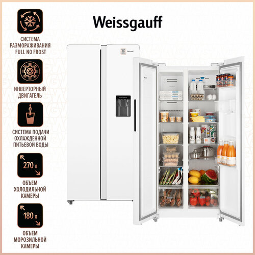 Отдельностоящий холодильник с инвертором и подачей воды Weissgauff WSBS 600 W NoFrost Inverter Water Dispenser холодильник weissgauff wsbs 600 xb nofrost inverter water dispenser