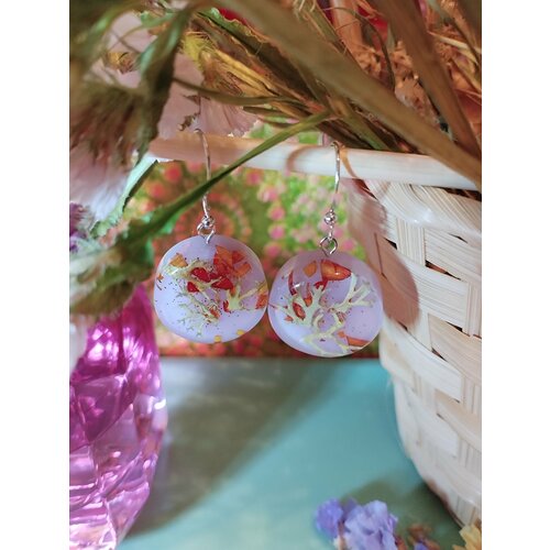 Серьги с подвесками , сухоцветы, размер/диаметр 20 мм., розовый