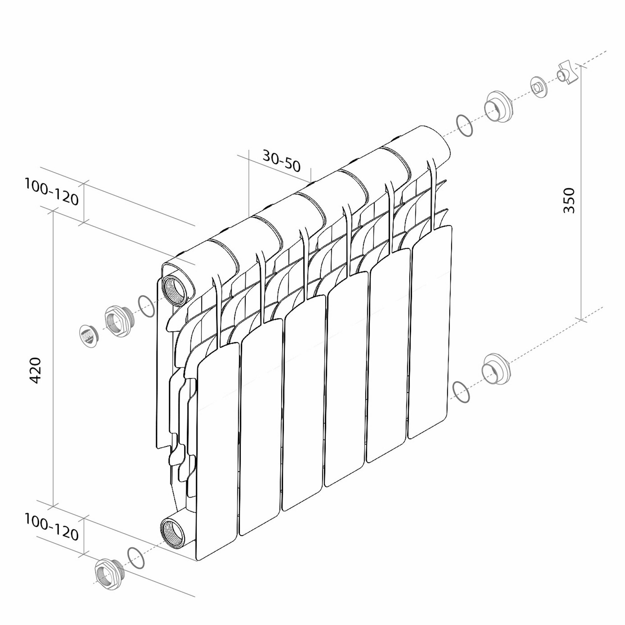 Радиатор алюминиевый Royal Thermo 350/80 боковое подключение 6 секций Revolution