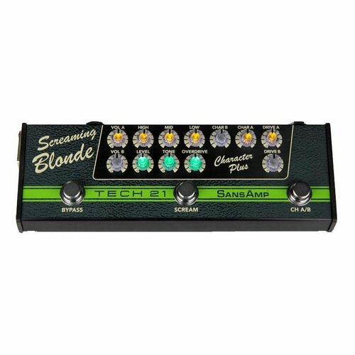 Screaming Blonde аналог. преамп/процессор для гитары и баса, SansAmp Character Series, звучание Tube Screamer и усилителей Fender; 2 кан, независимая секция перегруза, 1/4” вх/вых, вых. XLR, Tech 21