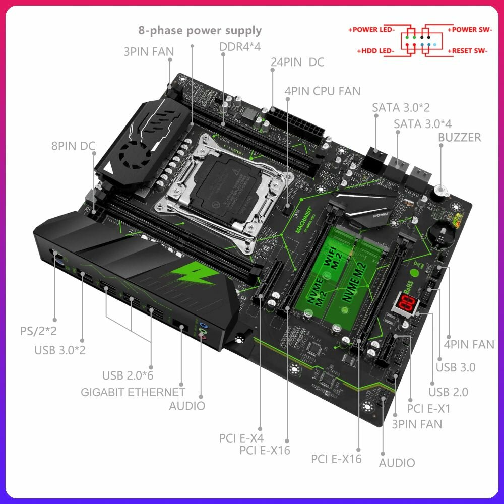 Материнская плата 2011-3 Machinist X99 MR9A PRO (X99 B85 4DDR4 4CH 2x PCI-Ex16 PCI-Ex4 PCI-Ex1 2x M2 NVME M2 Wi-Fi USB 30 GBLAN ATX)