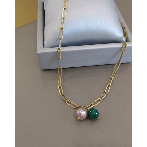 Колье CoolStone COOLSTONE Ожерелье JINGLE дизайнерское премиум с Малахитом и Жемчугом в позолоте, ручная работа, малахит, жемчуг барочный, длина 42 см, золотой, зеленый