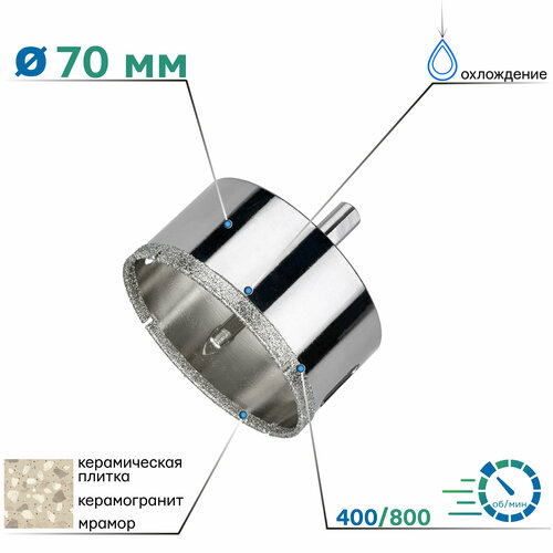 Коронка алмазная по керамограниту 70 мм с центрирующим сверлом TORGWIN TGS S13611