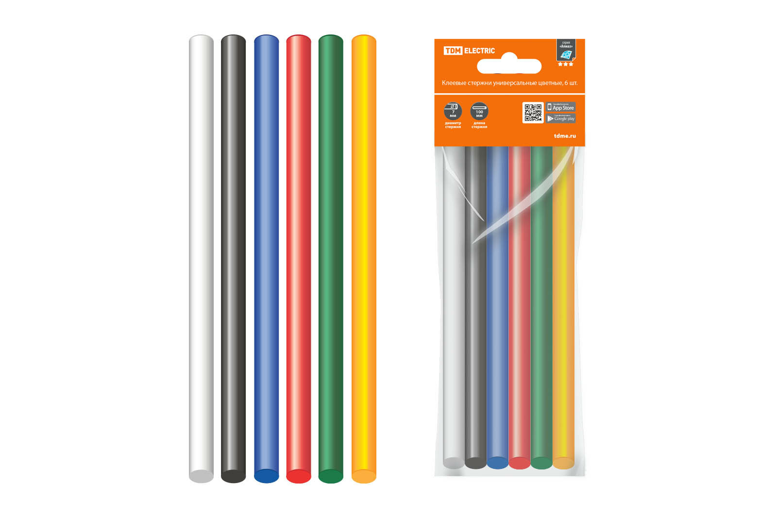 фото Клеевые стержни универсальные цветные, 11 мм x 100 мм, набор 6 шт, "Алмаз" TDM SQ1024-0518