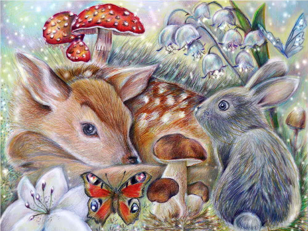 Алмазная картина 40х50 "Олененок с кроликом" с подрамником