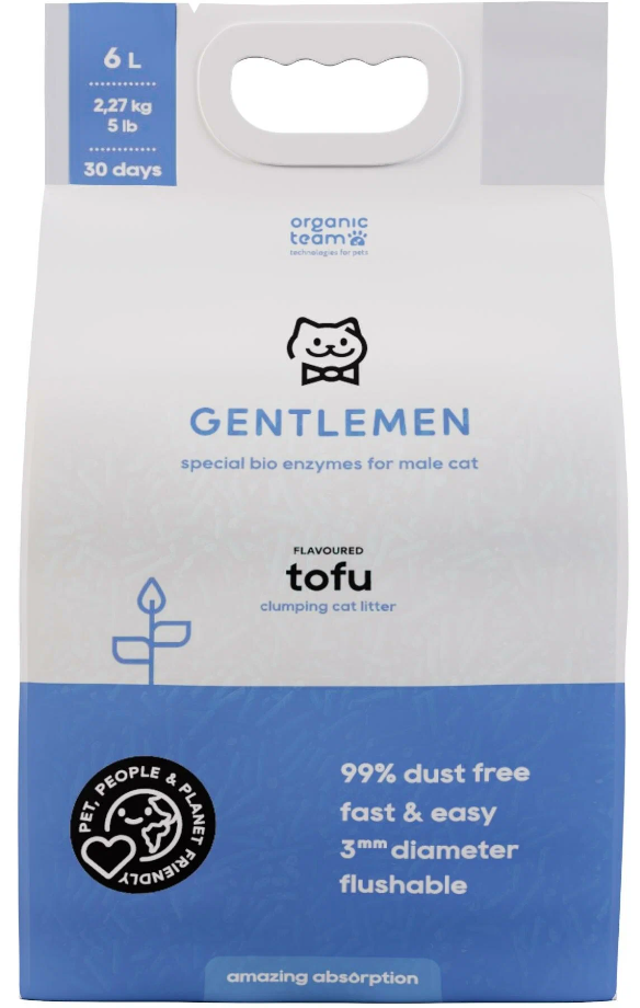 Наполнитель Organic Team Tofu Gentlemen для кошачьего туалета из тофу, комкующийся, растительный, адаптирован для мальчиков, смываемый, 6 л.
