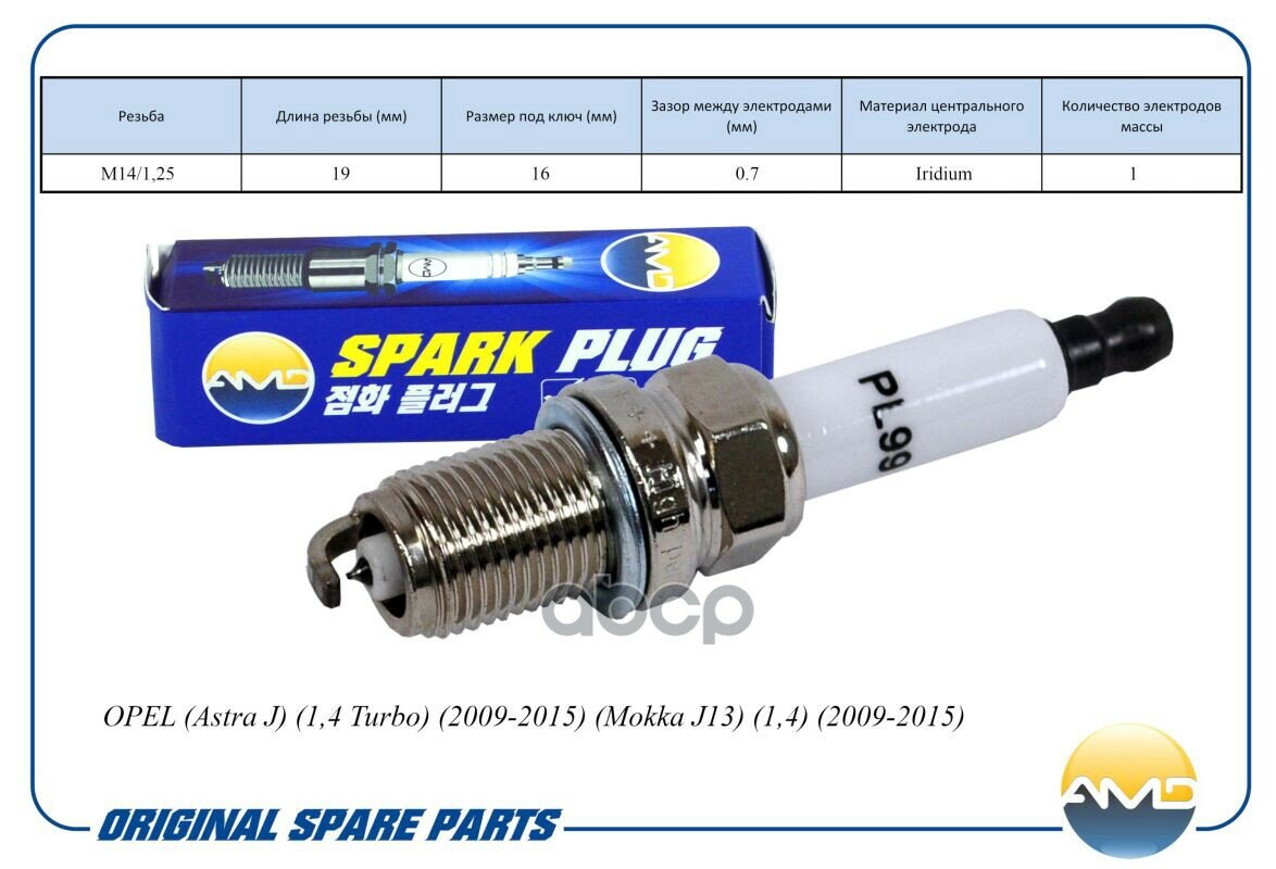 Свеча Зажигания (Iridium) Opel Astra J 1.4 Turbo/Mokka J13 1.4 2009-2015 AMD арт. AMD. PL99