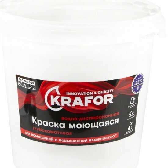 Краска водно-дисперсионная интерьерная моющаяся Krafor , глубокоматовая, 40 кг, белая
