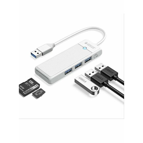 Концентратор ORICO USB-A с 3x USB-A, слотом для SD и Micro SD, белый (ORICO-PAPW3AT-U3-015-WH-EP)