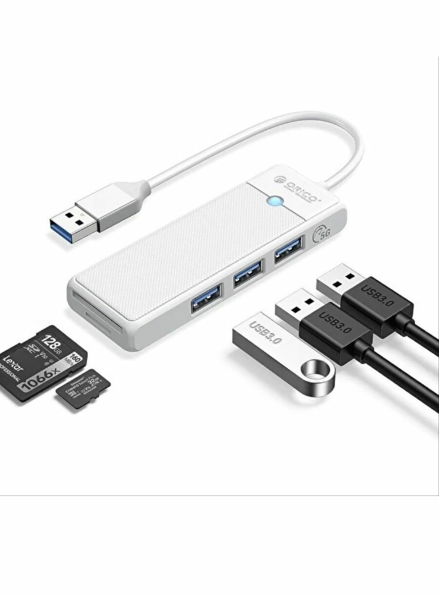 Концентратор ORICO USB-A с 3x USB-A, слотом для SD и Micro SD, белый (ORICO-PAPW3AT-U3-015-WH-EP)