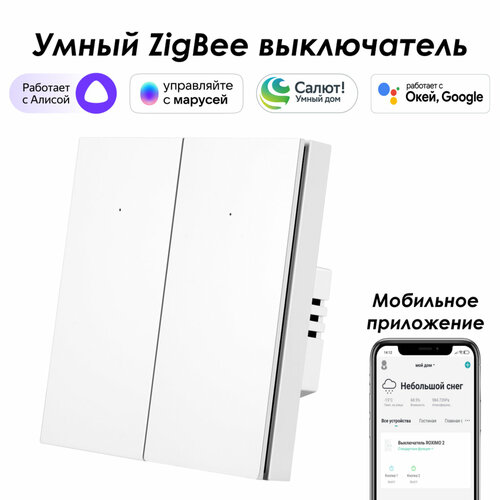 Умный Zigbee выключатель ROXIMO, двухкнопочный, белый, SZBTN01-2W умный zigbee выключатель roximo двухкнопочный белый szbtn01 2w