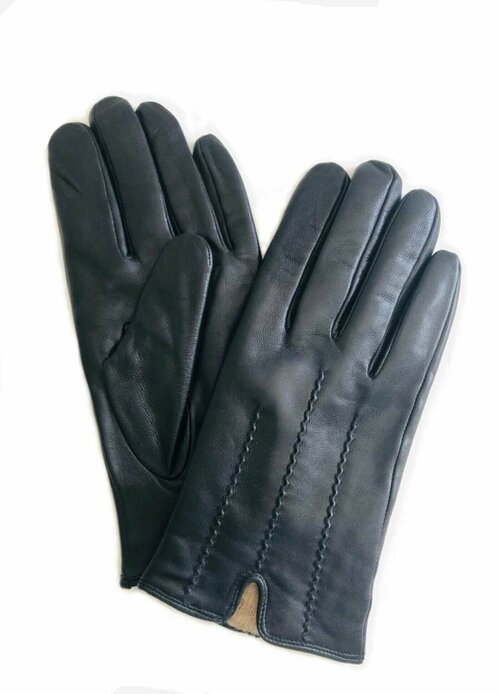 Демисезонные мужские/женские/для подростков кожаные перчатки на шерстяной трикотажной подкладке Kasablanka, Цвет черный, Размер 8,5