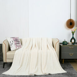 Плед двуспальный евро 200х220 белый в полоску, покрывало на кровать и диван Cleo Marmari, пушистый велсофт