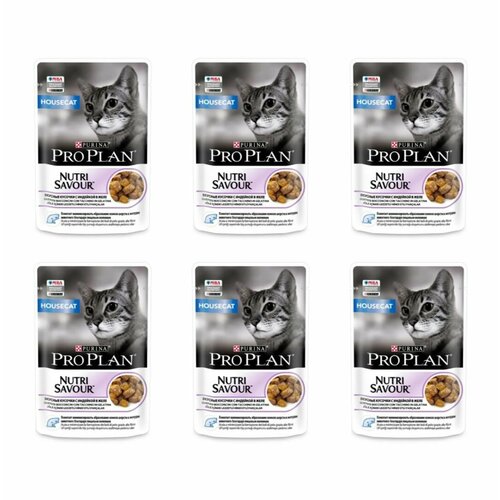 Pro Plan Влажный корм для взрослых кошек, живущих дома, вкусные кусочки с индейкой, в желе, пауч 85 г, 6 штук